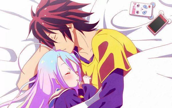 Sora and Shiro from *No Game No Life* cuddle peacefully in bed, creating a cozy atmosphere in this HD desktop wallpaper and background.