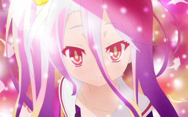 A vibrant HD desktop wallpaper featuring Shiro from No Game No Life, showcasing her striking pink and purple hair against a dreamy, colorful background filled with sparkles.