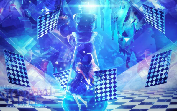 HD wallpaper featuring Shiro from No Game No Life. Shiro, barefoot and wearing a dress, stands by a large chess piece, surrounded by chessboards. She wears a crown, showcasing her character's regal theme.