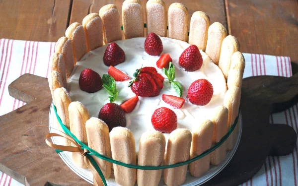 HD desktop wallpaper showcasing a delicious strawberry cream cake surrounded by biscuits, with fresh strawberries on top, set on a wooden table.