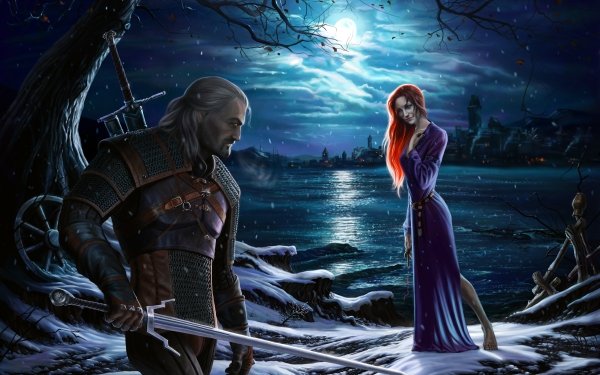 Video Game The Witcher 3: Wild Hunt The Witcher Night Moon Warrior Geralt of Rivia Redhead Purple Dress HD Wallpaper | Background Image