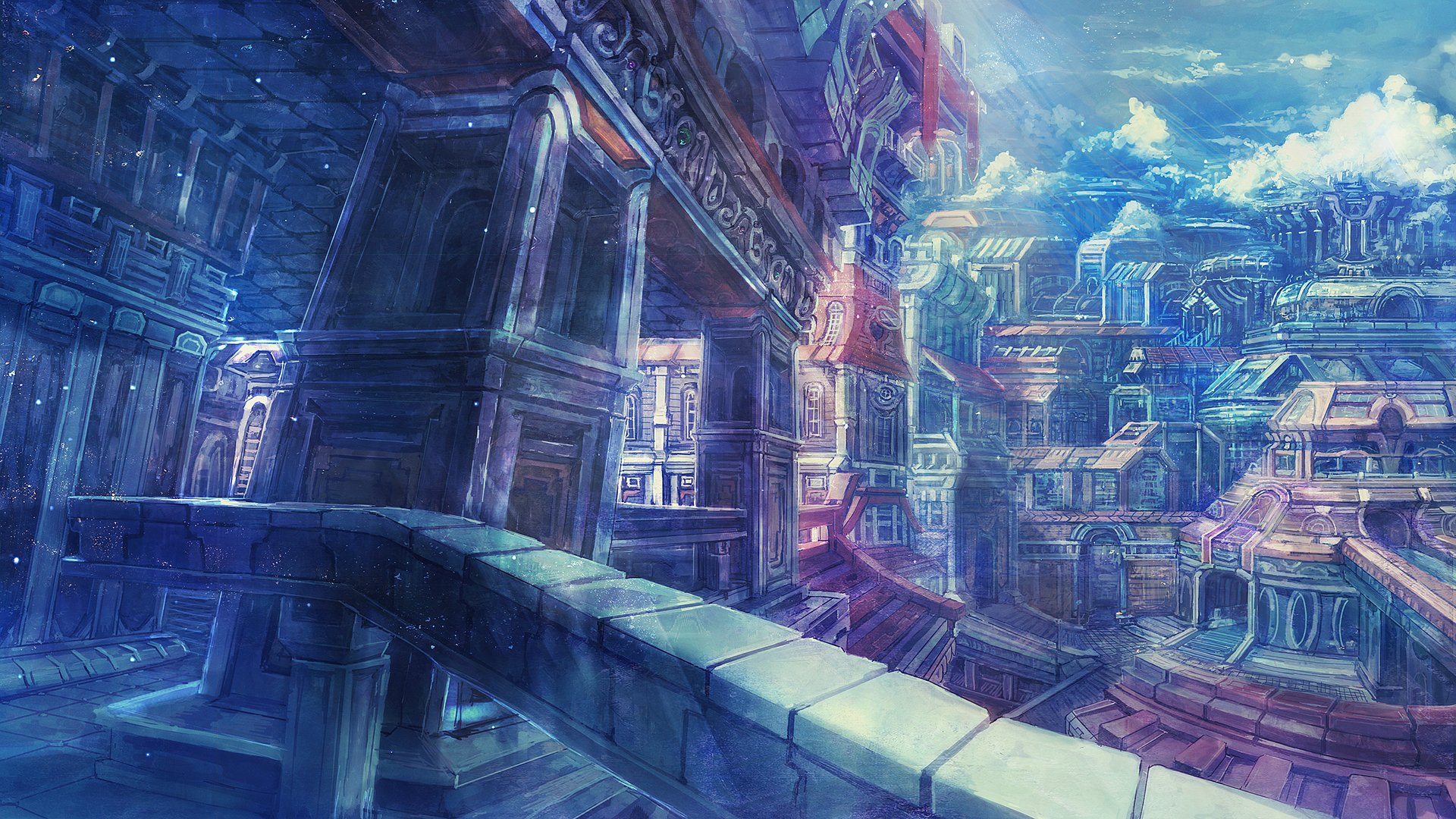 A vibrant anime-inspired HD desktop wallpaper featuring an intricate fantasy cityscape with towering structures and a dramatic sky, enhancing any digital workspace with its original design.