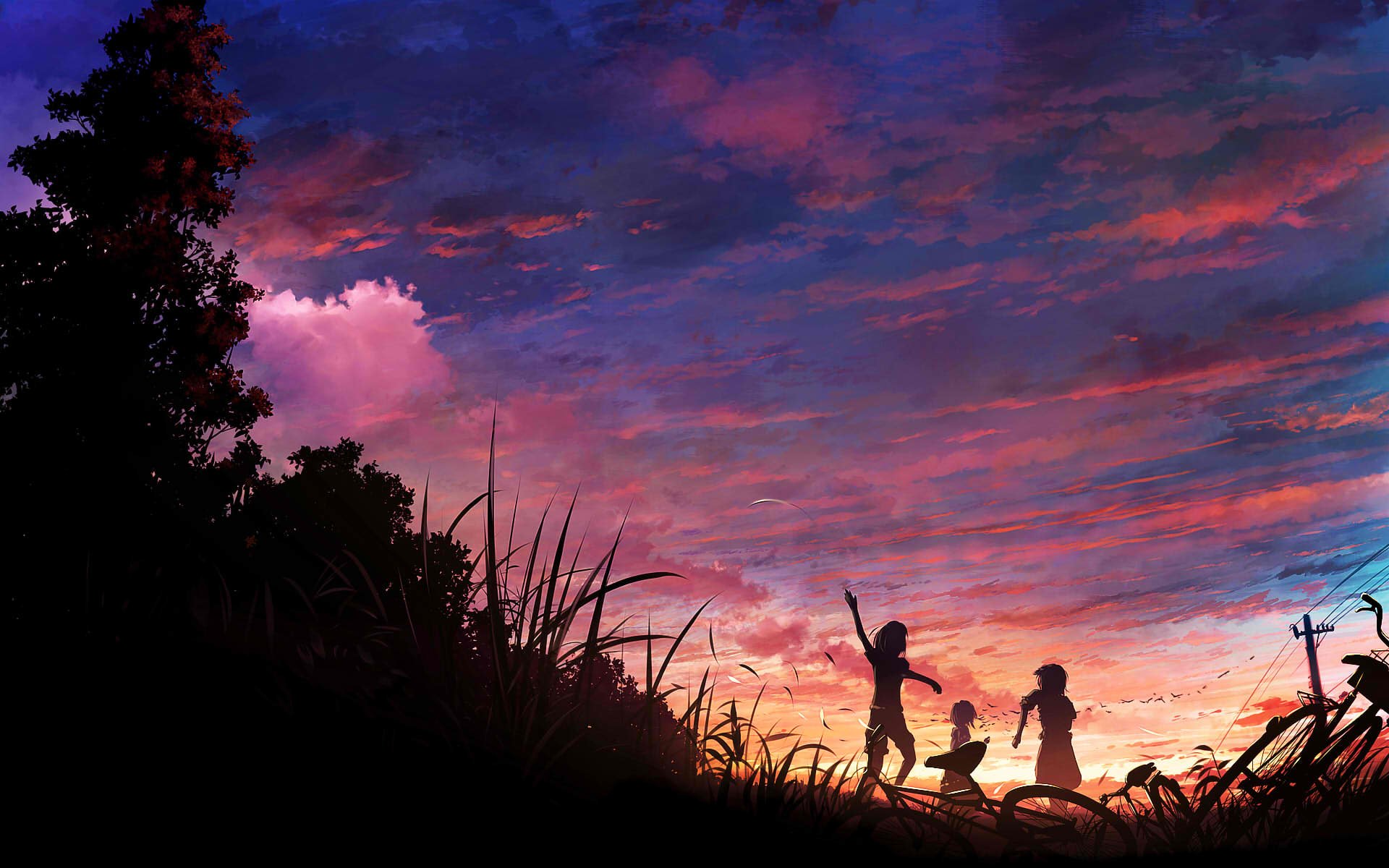 A vibrant anime-inspired HD desktop wallpaper featuring silhouetted figures against a stunning sunset sky, surrounded by lush grass and trees.