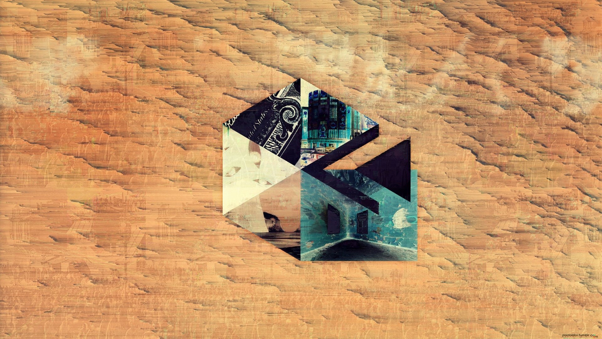 Abstract geometry 4K Ultra HD PC desktop wallpaper: warm orange woodgrain background with a central fragmented hexagon-like cube of teal, black and patterned triangular elements.