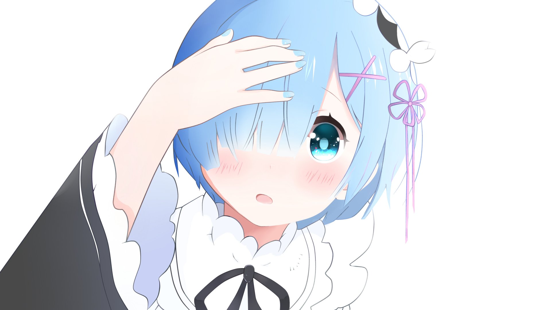 A high-definition wallpaper featuring Rem from *Re:ZERO - Starting Life in Another World*, showcasing her signature blue hair and a delicate expression.
