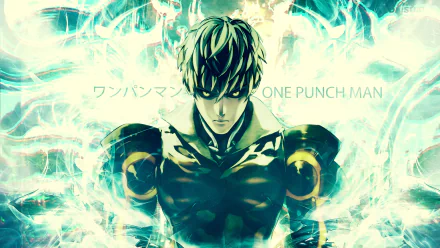 HD anime desktop wallpaper featuring Genos from One-Punch Man, with dynamic energy effects and the One Punch Man title in English and Japanese.