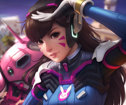 A high-definition desktop wallpaper featuring D.Va from the video game Overwatch, showcasing detailed artwork of the character in her mech-suit with vibrant colors and dynamic background elements.