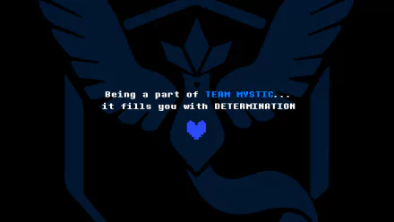 A vibrant 4K Ultra HD wallpaper blending Team Mystic themes from Pokémon Go and Undertale, featuring a blue emblem and the phrase about determination.