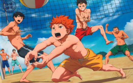 An HD desktop wallpaper featuring characters from the anime Haikyū!!, captured in a dynamic beach volleyball scene with vibrant colors and energetic poses.