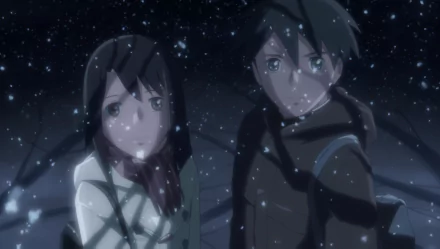 HD anime wallpaper featuring Takaki Touno and Akari Shinohara from 5 Centimeters per Second, set against a snowy, nighttime backdrop.