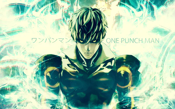 HD anime desktop wallpaper featuring Genos from One-Punch Man, with dynamic energy effects and the One Punch Man title in English and Japanese.