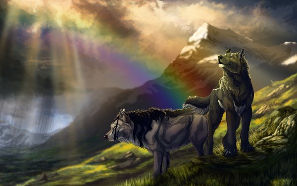 Fantasy Wolf Fantasy Animals Mountain Rainbow HD Wallpaper | Background Image