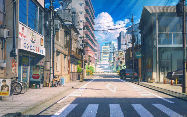 A vibrant HD desktop wallpaper depicting a serene urban street scene, filled with elements of video game culture, celebrating themes of love, money, and rock 'n' roll.