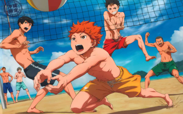 An HD desktop wallpaper featuring characters from the anime Haikyū!!, captured in a dynamic beach volleyball scene with vibrant colors and energetic poses.