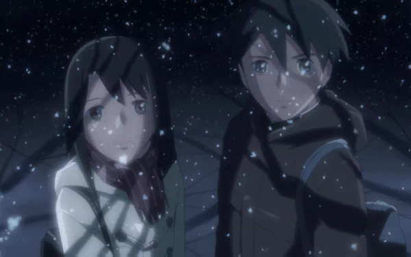 HD anime wallpaper featuring Takaki Touno and Akari Shinohara from 5 Centimeters per Second, set against a snowy, nighttime backdrop.