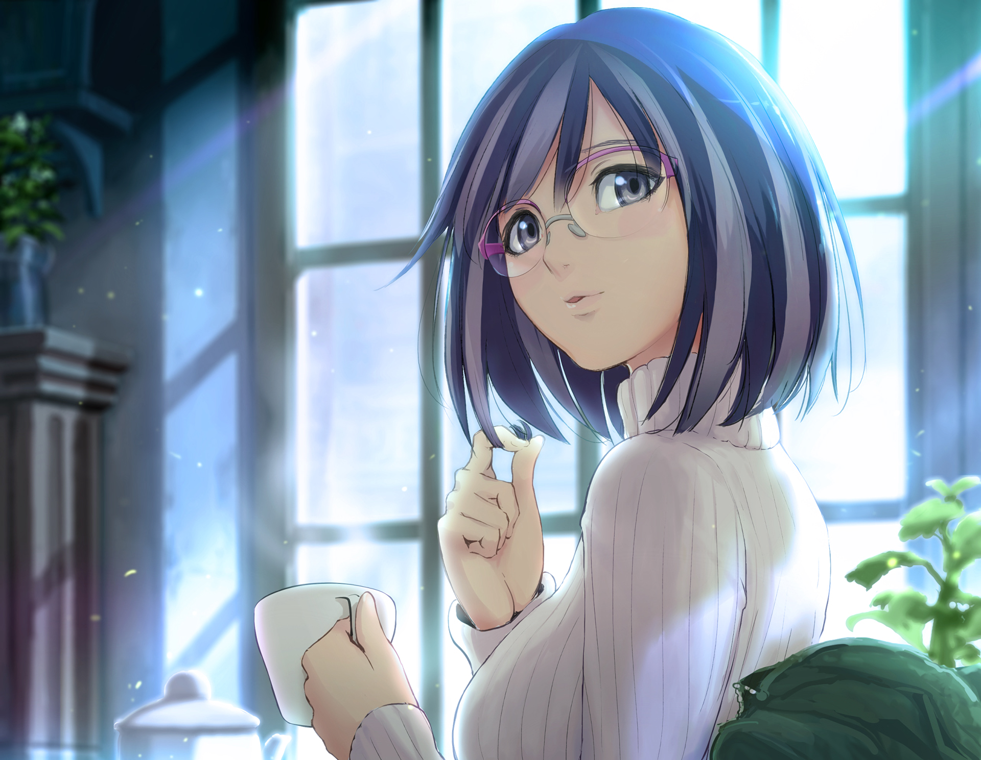 HD PC desktop wallpaper featuring Tsubasa Hanekawa from the Monogatari series, depicted in a softly lit room with a thoughtful expression and natural light streaming through.