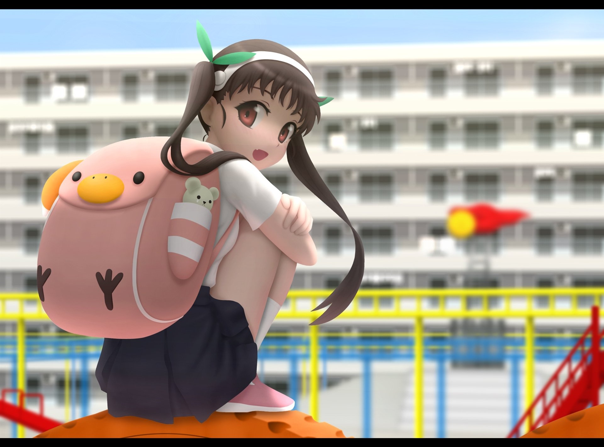 HD PC desktop wallpaper featuring Mayoi Hachikuji from the Monogatari series, showcasing her with a playful expression and iconic pink backpack.