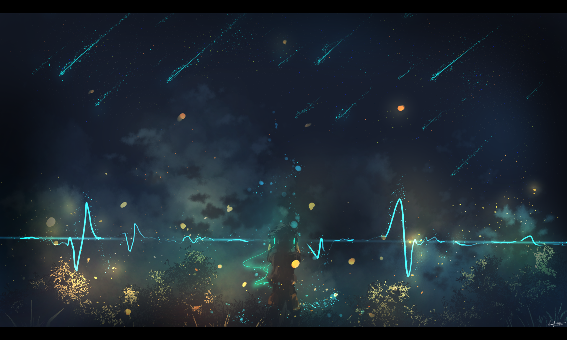 An HD desktop wallpaper featuring an original anime design with a night sky, falling stars, and a glowing blue heartbeat line across the scene.