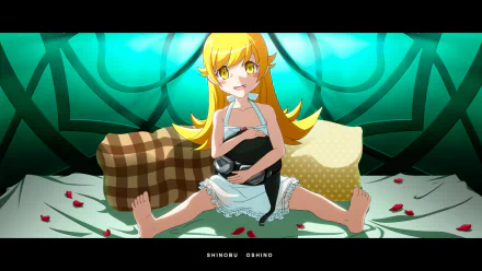 A vibrant HD wallpaper featuring Shinobu Oshino from the Monogatari series, showcasing her playful expression and distinctive yellow hair against a beautifully detailed background.