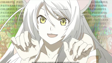 Black Hanekawa (Tsubasa Hanekawa) from the Monogatari series as an HD PC desktop wallpaper: white-haired, cat-eared anime girl with yellow eyes smiling and making a playful pawing pose.
