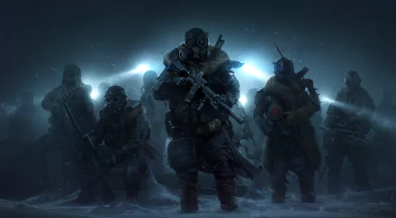 A striking HD wallpaper featuring characters in gas masks from Wasteland 3, poised in a snowy environment, showcasing a gritty, post-apocalyptic atmosphere.