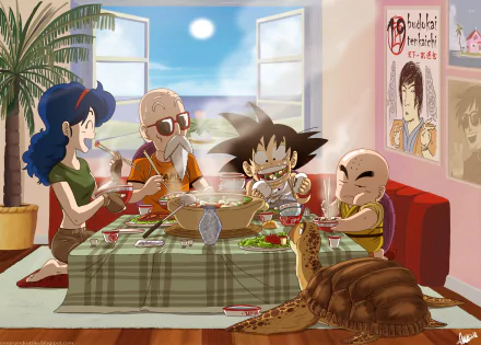An HD desktop wallpaper featuring characters from Dragon Ball: Launch, Master Roshi, Krillin, and Goku enjoying a meal together in a cozy room.