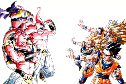 HD wallpaper of Dragon Ball Z featuring Majin Buu on the left, and Gohan and Goku on the right, poised for battle in dynamic anime artwork.