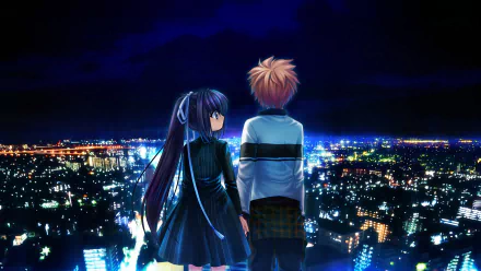 Anime Rewrite HD PC desktop wallpaper and background: two anime teens—long purple-haired girl and orange-haired boy—stand on a rooftop gazing at a glittering night cityscape.