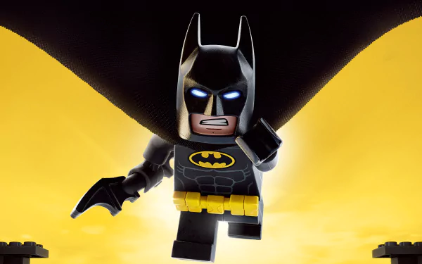A vibrant HD wallpaper featuring a LEGO Batman figure from *The Lego Batman Movie*, showcasing the iconic hero in a dynamic pose against a striking yellow background.
