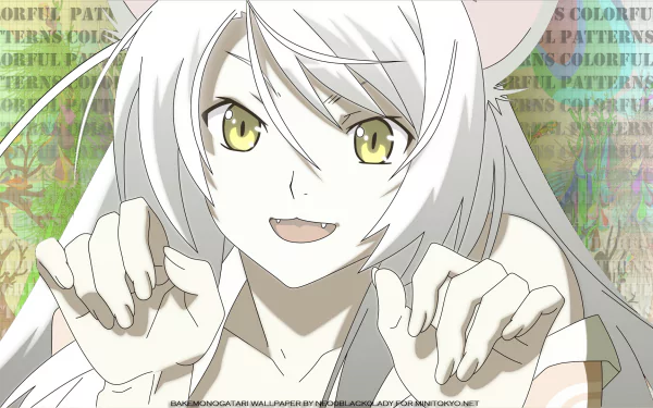 Black Hanekawa (Tsubasa Hanekawa) from the Monogatari series as an HD PC desktop wallpaper: white-haired, cat-eared anime girl with yellow eyes smiling and making a playful pawing pose.
