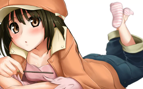 HD PC desktop wallpaper featuring Nadeko Sengoku from the Monogatari series, depicted in an anime style wearing an orange hoodie and cozy socks.