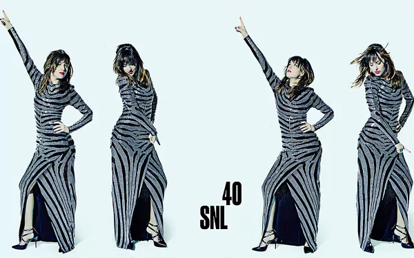 HD desktop wallpaper featuring Dakota Johnson posing in a striped dress, celebrating 40 years of Saturday Night Live with dynamic, stylish imagery.