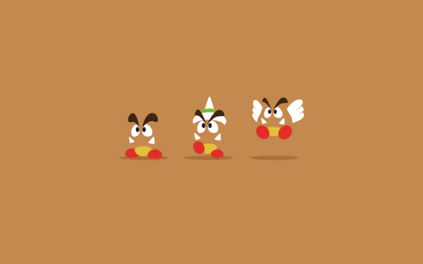 HD wallpaper featuring three Goombas from the Super Mario Bros. series against a tan background.