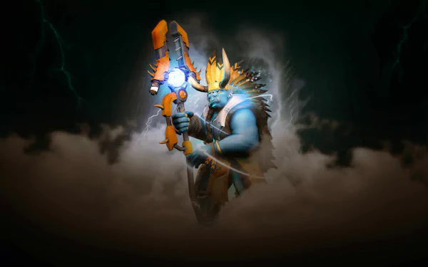 HD wallpaper featuring a character from the video game Paladins, wielding a glowing weapon amid stormy clouds.