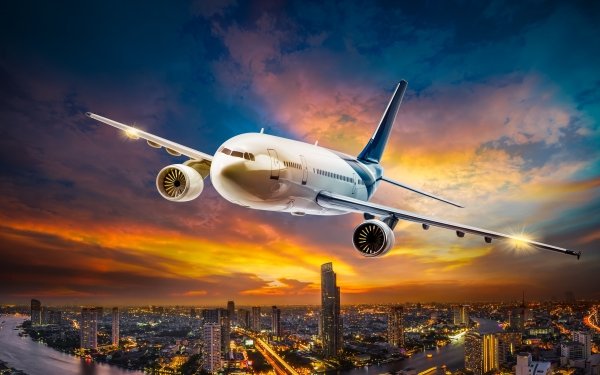 Vehicles Airplane Aircraft City Sunset Manipulation HD Wallpaper | Background Image