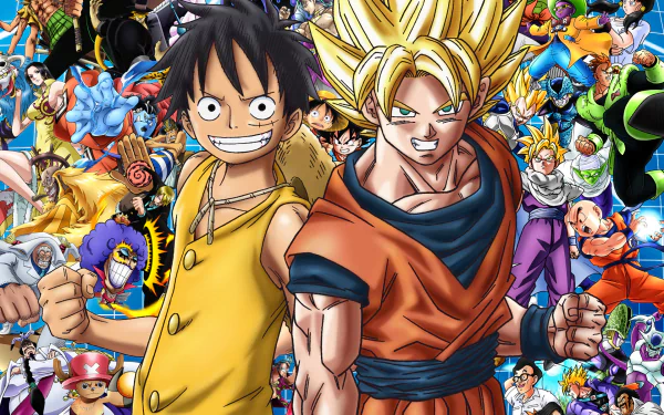 A vibrant HD wallpaper featuring popular anime characters, including Monkey D. Luffy and Cell, from One Piece and Dragon Ball, alongside others like Boa Hancock and Franky in a dynamic crossover scene.