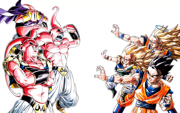 HD wallpaper of Dragon Ball Z featuring Majin Buu on the left, and Gohan and Goku on the right, poised for battle in dynamic anime artwork.