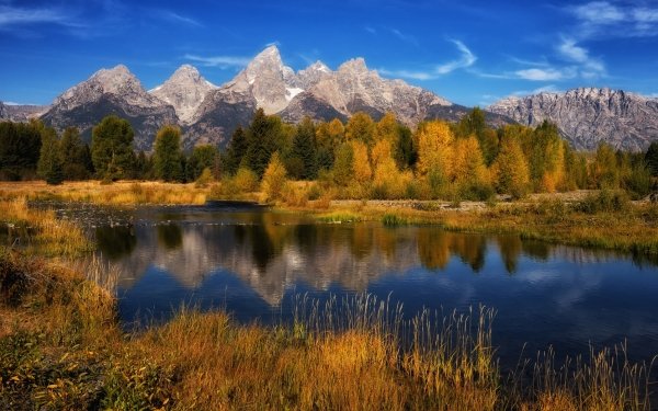 Earth Reflection Nature Grass River Mountain Tree HD Wallpaper | Background Image