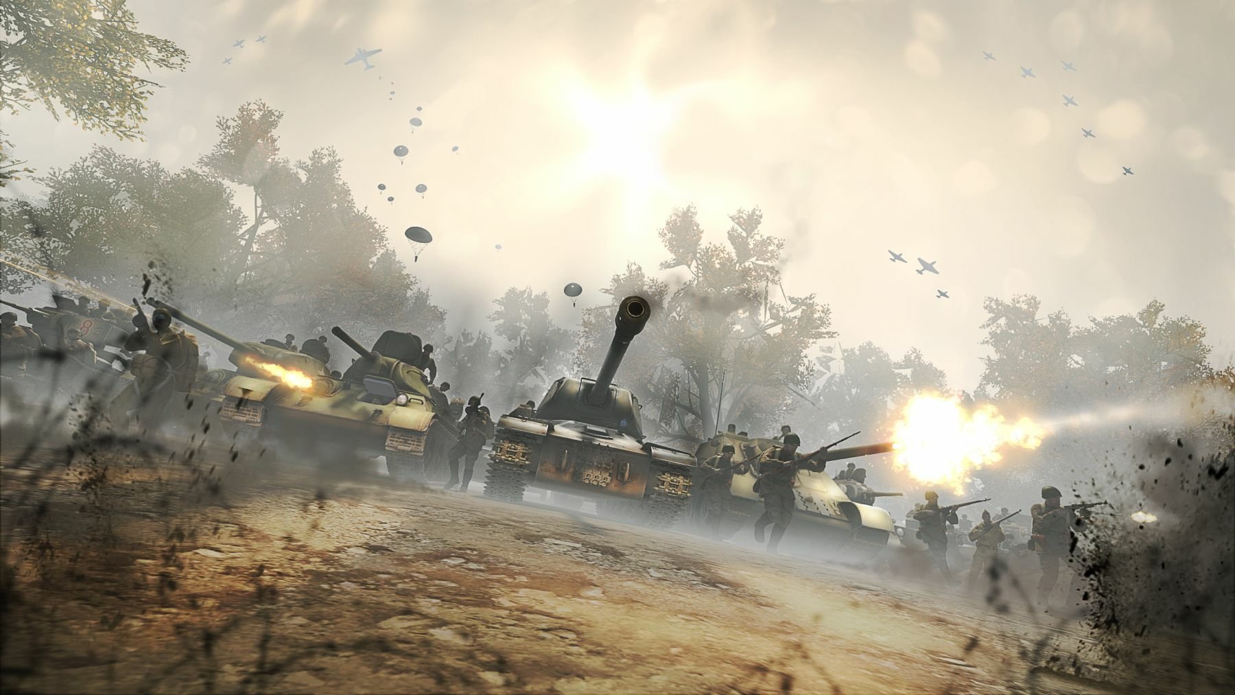 HD PC desktop wallpaper from the video game Heroes & Generals, depicting tanks advancing in a smoky battlefield with parachutes descending in the background.