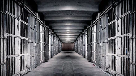 A haunting view of an abandoned prison corridor, featuring rusty cell doors and stark concrete walls, evoking a sense of creepiness and isolation in a man-made setting.