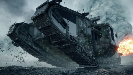 A dramatic 4K Ultra HD wallpaper featuring a tank from the video game Battlefield 1, showcasing intense action and dynamic explosions in a war-torn landscape.