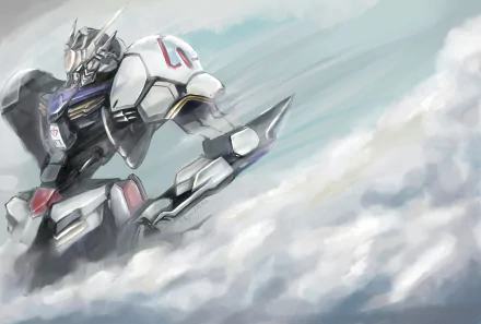HD desktop wallpaper featuring ASW-G-08 Gundam Barbatos from the anime series Mobile Suit Gundam: Iron-Blooded Orphans, depicting the mobile suit floating amidst clouds in a dynamic pose.