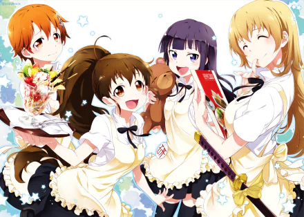 HD anime desktop wallpaper featuring Yachiyo Todoroki, Mahiru Inami, Popura Taneshima, and Aoi Yamada from Working!! in cheerful maid outfits.