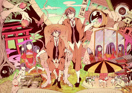 A vibrant HD desktop wallpaper featuring characters from Bungou Stray Dogs amidst whimsical scenes, blending elements of nature and fantasy in a colorful, artistic style.