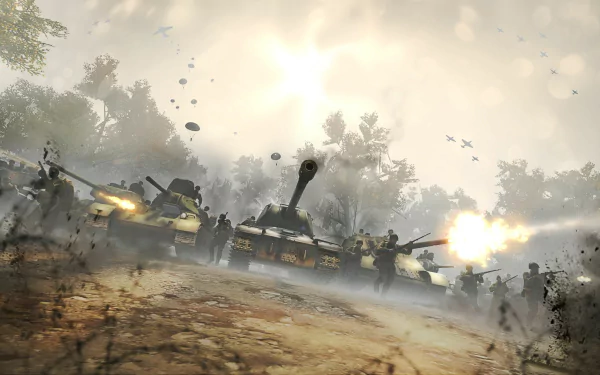 HD PC desktop wallpaper from the video game Heroes & Generals, depicting tanks advancing in a smoky battlefield with parachutes descending in the background.