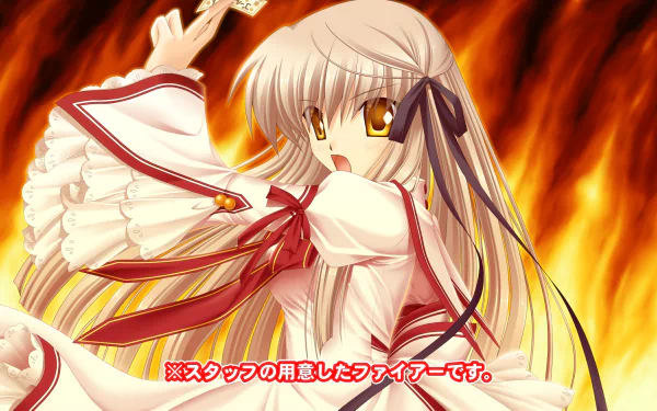 HD anime desktop wallpaper (Rewrite): long blonde-haired girl in white-and-red uniform brandishes cards, golden eyes blazing against roaring flames.