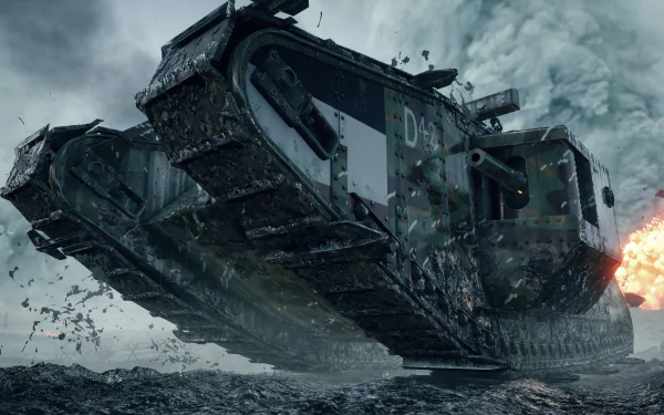 A dramatic 4K Ultra HD wallpaper featuring a tank from the video game Battlefield 1, showcasing intense action and dynamic explosions in a war-torn landscape.