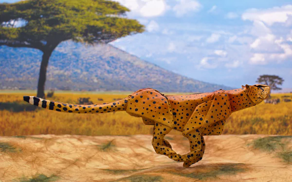 A man-made origami cheetah runs across a savanna landscape, rendered in 4K Ultra HD as a vibrant PC desktop wallpaper.