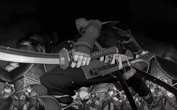 HD anime desktop wallpaper featuring a dynamic sword-wielding warrior from Drifters in an intense battle scene.