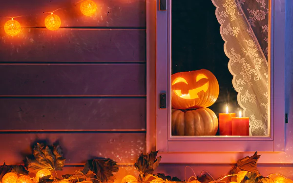 A cozy Halloween scene featuring a glowing jack-o'-lantern and candles by a window, surrounded by autumn leaves and festive lights, creating a warm night atmosphere.